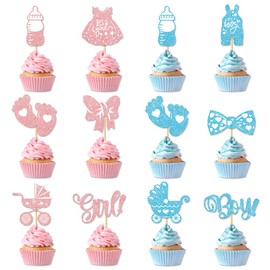 Cyuan 36PCS Gender Reveal Cupcake Toppers – Pink & Blue Glitter Baby Shower Decorations with Bottles, Bows, Bodysuits, Pants, Dresses & Baby Feet for Boy or Girl Party