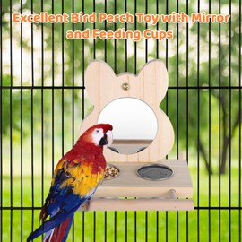 Parrot Bird Perch with Mirror and Feeding Cups, Wooden Parrot Mirror Toy for Bird Cage, Bird Food Water Feeder Perch for Budgie Parakeet Lovebird African Grey Macaw Cockatiels