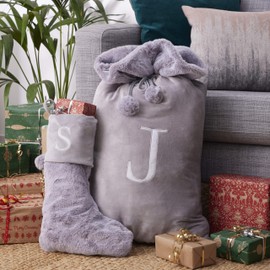 Celebright Matching Christmas Sack and Stocking Set with Embroidered Letter 'A' - Festive Holiday Décor for a Memorable Celebration - Faux Fur - Grey