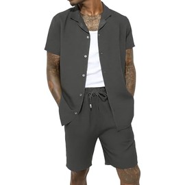 WJL WHISPERING JONES LONDON Mens Crinkle Textured Co-ord Shirt Short Set Anti Wrinkle Two Piece Breathable Top & Bottom Summer Beach, Charcoal, S