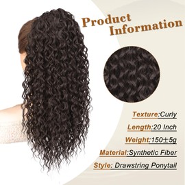 AISI BEAUTY Curly Drawstring Ponytail Hair Extension for Women 20 Inch Natural Looking Synthetic Clip in Ponytail Extension for Daily Party Use(Dark Brown)