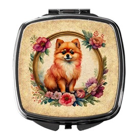 Caroline's Treasures Pomeranian and Flowers Compact Mirror Decorative Travel Makeup Mirror for Women Girls Gifts Pocket Makeup Mirror Folding Handheld