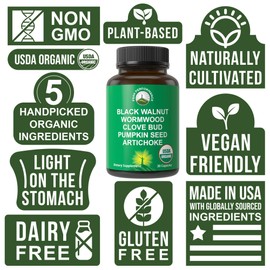 USDA Organic Wormwood Black Walnut Clove Drops Cleanse for Humans. Sugar Free Supplement for Intestinal Cleanse, Detox Support for Adults and Kids. with Artichoke and Clove Bud. Kosher, No GMOs