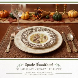 Spode Woodland American Wildlife Red-Tailed Hawk Salad Plate - Rustic Table Accent, Ideal for Salad, Dessert or Appetizers with 8" Diameter - Fine Earthenware, British Flowers Border, Made in England