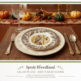 Spode Woodland American Wildlife Red-Tailed Hawk Salad Plate - Rustic Table Accent, Ideal for Salad, Dessert or Appetizers with 8" Diameter - Fine Earthenware, British Flowers Border, Made in England