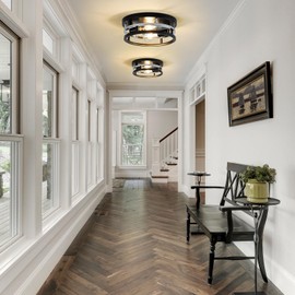 fengkeDU 2 Light Farmhouse Ceiling Light Fixture Black Chrome Industrial Flush Mount Ceiling Lamp Hallway Light Fixture Close to Ceiling Lighting for Kitchen Living Room Bedroom Foyer Entryway E26