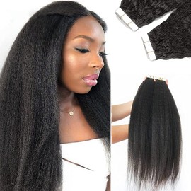 Tape in Hair Extensions Real Human Hair, Kinky Straight Tape in Remy Human Hair Extensions Natural Black Kinky Straight Tape in Human Hair Extensions 24Inch 20pcs/pack 50g