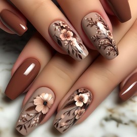 Fall Press on Nails Dark Brown Medium Coffin False Nails Flower Glue on Nails Reusable with Floral Designs Glossy Autumn Full Cover Artificial Stick on Nails for Women Manicure 24 Pcs
