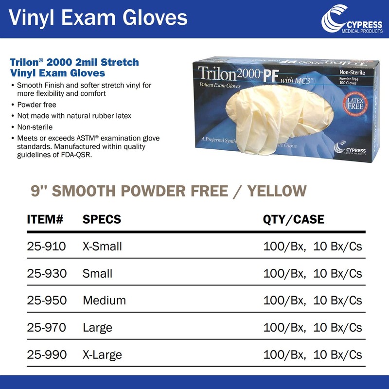 Trilon 2000 PF with MC3 Vinyl Exam Gloves, Powder-Free, Latex-Free,