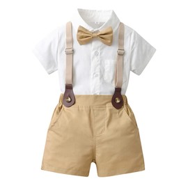 Odizli Children's Baby Boys' Short-Sleeved Shirt + Braces + Bow Tie + Shorts 4-Piece Clothing Sets Gentleman Suit Set Photo Shooting, 2077