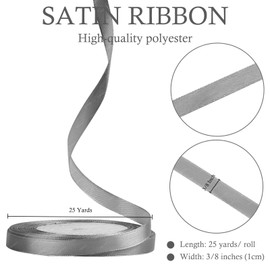 Grey Satin Ribbon 10 mm x 22 Metres Fabric Ribbons for Gift Wrapping, Bouquets, Crafts and Wedding Decoration