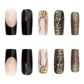 24 Pieces Medium Length Artificial Nails Marble False Nails Pink and Black Artificial Nails Rhinestones with Line Design Artificial Nails as Holiday Gift for Women and Girls