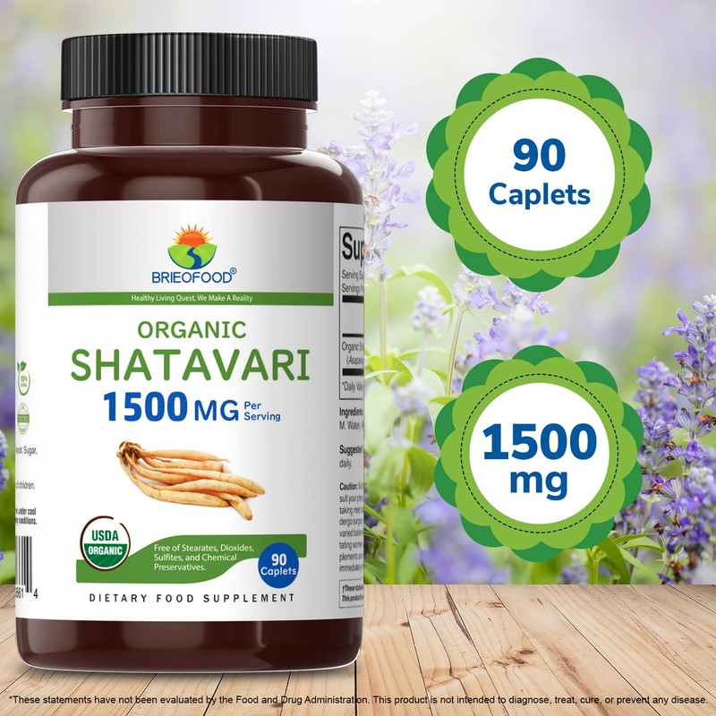 Brieofood Organic Shatavari 1500mg, 45 Servings, Vegetarian, Gluten Free, 90