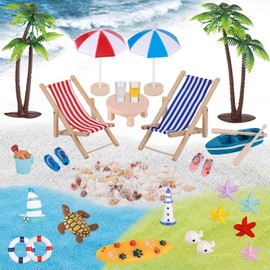 Zocipro Pack of 33 Beach Decoration Micro Landscape, Decorative Sea and Beach Mini Lounger Chair, Beach Chair, Parasol, Small Palm Tree, Miniature Beach Decoration for DIY, Zen Garden Decoration,