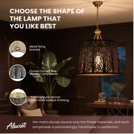 ALUCSET Large Drum Lamp Shade for Table Lamps, 12" Top x14" Bottom x 10" High, Metal Lampshade Black and Gold Replacement for Floor Lamps and Bedside Lamp, Etched Forest UNO Fitter