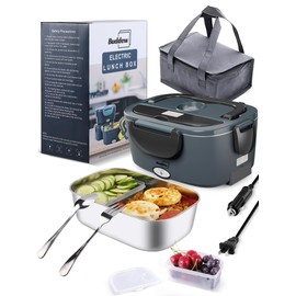 Buddew Electric Lunch Box 80W Food Heater for Adults, 12/24/110V Portable Lunch Warmer Upgraded Heated Lunch Box for Car/Truck/Office with SS Fork&Spoon and Insulated Carry Bag (Gray+Black Handle)