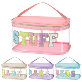 Chenille Letter Clear Makeup Bags, Preppy Pink Stuff Bag Chenille Patch Makeup Travel Cosmetic with Handle Zipper Waterproof TPU Toiletries Organizer Pouch for Women Girl