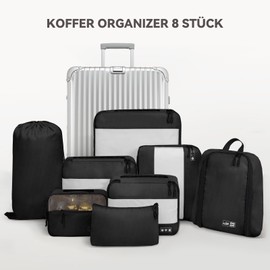 MURISE Suitcase Organiser, Pack of 8, Packing Cubes for Holidays and Travel, Packing Cubes for Suitcases, with Shoe Bag, Cosmetic Bag, Organiser System, Travel Essentials, Black