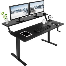 VIVO Manual 2-Tier Height Adjustable 55 x 30 inch Stand Up Desk, Dual Tier Adjustable Shelf Table Top, Standing Workstation with Foldable Handle, Home and Office Furniture, Black, DESK-KIT-MB2TB