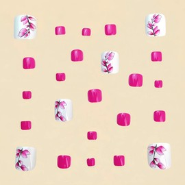 Spring Press on Toenails White Fake Toe nails with Pink Flower Designs Glossy Short Square Toe nails Press ons Acrylic Stick on Toenails for Women 24Pcs