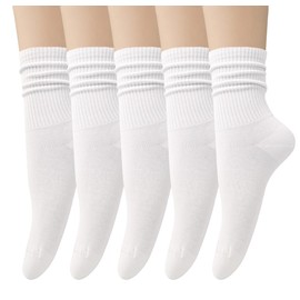 Loritta 5 Pairs Cotton Socks for Women Casual Comfy Crew Sock Stretchy Calf Slouch Boot Socks, G-White