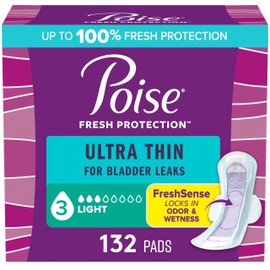 Poise Ultra Thin Incontinence & Postpartum Pads with Wings for Bladder Leaks, 3 Drop Light Absorbency, Regular Length, 132 Count, Packaging May Vary