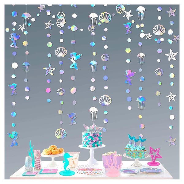 AWAVM Pink Blume 16 m Iridescent Mermaid Garland with Jellyfish Seashell Starfish Pearl Paper Banner Decoration for Birthday Parties or Fancy Dress Parties