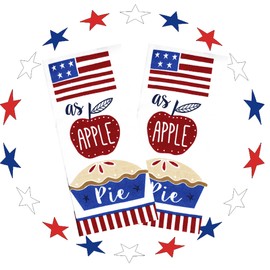 SeasonsEasy Patriotic Kitchen Towels - 2-Piece Towel Set American as Apple Pie Dual Cotton Terry Dishtowels Decorated with Flag for 4th of July, Memorial Day, Red, White, Blue