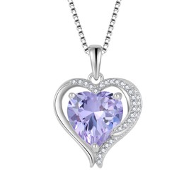 FJ Heart Necklace Women's 925 Sterling Silver Angel Wings Necklace Birthstone Jewellery for Women Mother Girlfriend Mum, Sterling Silver Cubic Zirconia, Alexandrite