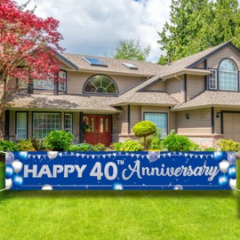 Happy 40th Anniversary Banner Sign - 9.8x1.6FT Large Outdoor Yard Party Decoration, Blue & Silver Backdrop for Men & Women.