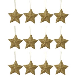 12 x Gold Glitter 3D Shaped Stars Hanging Christmas Tree Ornament Window Decoration XMAS Accessories