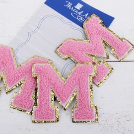 3 Pack Chenille Iron On Glitter Varsity Letter "M" Patches - Pink Chenille Fabric With Gold Glitter Trim - Sew or Iron on - 5.5 cm Tall