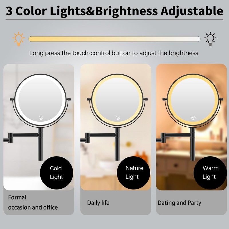 LANSI 8" Wall Mounted Makeup Mirror with Handle, 3 Color