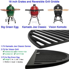 Grill Grates Reversible Grill Griddle for Kamado Joe Classic I/II/III series, Large Big Green Egg, Vision VGKSS-CC2 Gas Grill, 18" Cast Iron Grid for Charcoal Grills Grates 18"-Half Moon Grid Grates