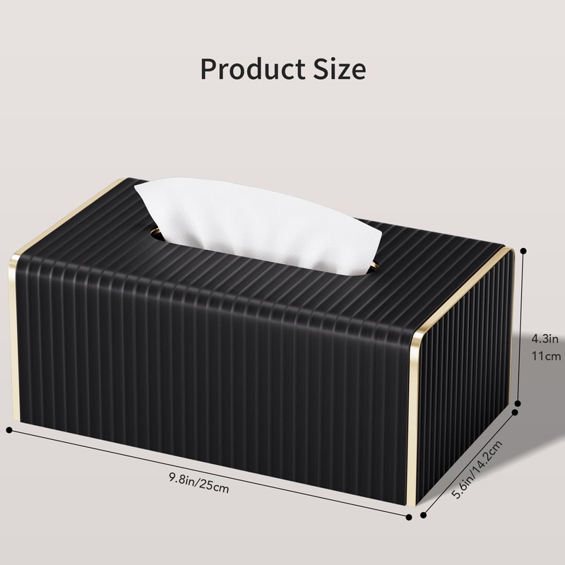 Tissue Box Cover,Black Rectangle PU Leather Tissue Holder with Gold-Tone