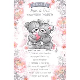 Wedding Anniversary Card for Mam and Dad, Large Format 27 x 18 cm, Grey Bear Design with Pink Floral