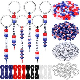 Landical 564 Pcs DIY Bead Keychain Kit Key Chain Making Craft Adjustable Letter Beads String Mama Sport Gift Alphabet Jewelry Backpack Accessories Holiday Party Favor(Patriotic, Red Blue White)