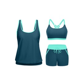 3 Piece Tankini Swimsuits for Women - Bathing Suits with Boy Shorts Swim Tank Top Sports Bra and Modest Swimwear Teal and Green XX-Large