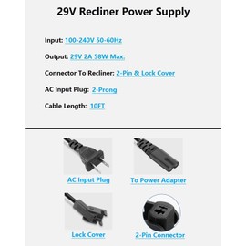 Power Recliner Power Supply 29V 2-Pin AC/DC Adapter Recliner Replacement Parts for Power Recliner Reclining Sofa Lift Chair Couch Standing Desk 100-240V AC to DC 29V 2A Power Supply Cord