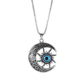 TURTLEDOVE Sun Moon Viking Necklace - Stainless Steel Evil Eye Crescent Moon Celtic Pendant - Lucky Amulet Moon Jewelry