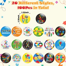 Dvbonike 100Pcs Autism Awareness Party Favor Button Pins - Novelty Colorful Pieces Ribbon Round Badge World Autism Awareness Day Pin Special Education Inspirational Supplies for Clothe Bag Accessories
