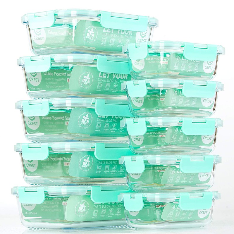 C CREST [10-Pack] Glass Food Storage Containers with Lids, Airtight,