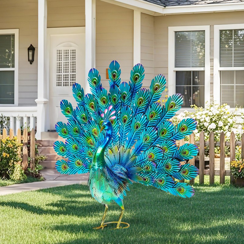 Autodaya 27.5" Tall Metal Peacock Garden Statue - Handmade, 3D