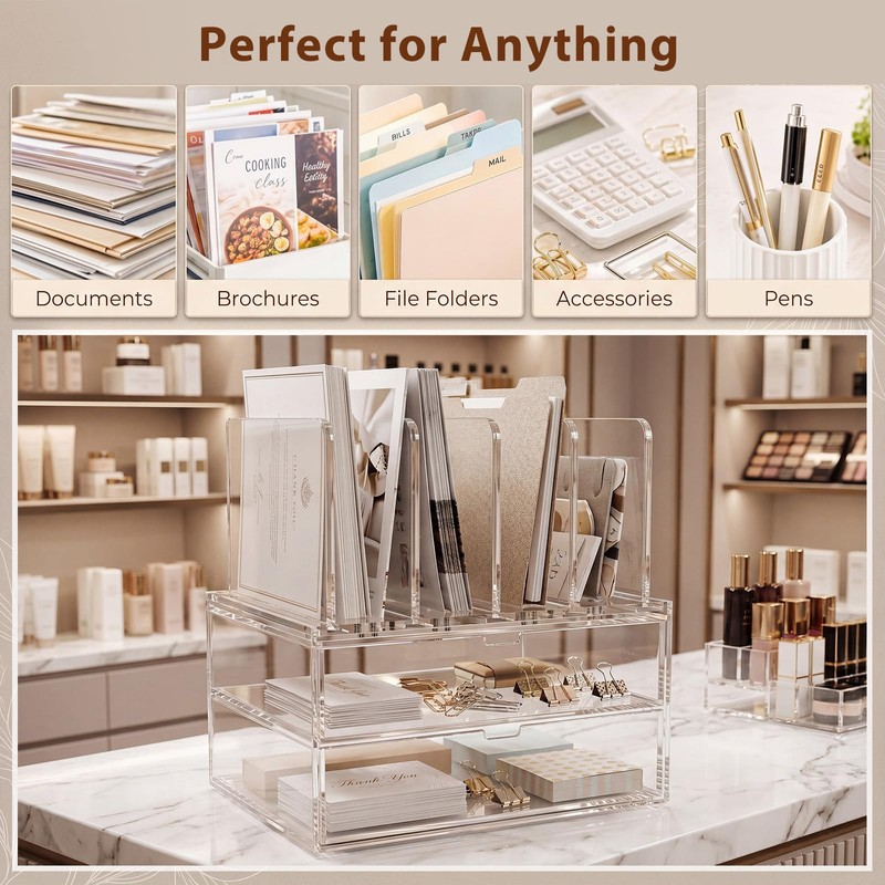 Ripeng Acrylic Desk Organizer with 2 Drawers, Vertical File Holder