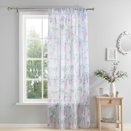 Dreams & Drapes Window Curtain, 55 x 72 Inch, Purple Floral Pattern, White Voile Curtain for Bedroom and Living Room, White Sheer Curtains, Purple