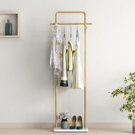 TIEOU Gold Clothes Rack with Shelf, Gold Clothing Racks for Boutiques, Free-Standing Garment Rack for Hanging Clothes,Gold Coat Rack, Small Metal Clothes Rack Heavy Duty, Industrial Clothing Rack Gold