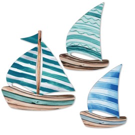 LOMUG Sailboat Wall Decoration Set of 3 in Maritime Style with Wood Look - Perfect Wall Decoration for Living Room, Bedroom, Bathroom, Hallway or Holiday Home in Blue