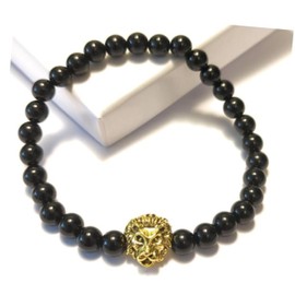Black Onyx Goth Lion Head Stretch Bead Charm Bracelet Gift Boxed Genuine Gemstone 6mm