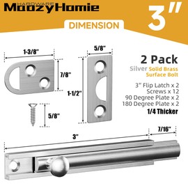 MaozyHomie 3 Inch Solid Brass Surface Bolt, Heavy Duty Concealed Slide Surface Door Bolt, Slide Bolt Latch French Door Lock with Screws for Windows Cabinet Wooden Fence Yard, Brushed Silver, 2 Pack