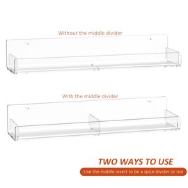 Sezanrpt Acrylic Wall Spice Rack Organizer, Seasoning Rack Shelf Organizer, Clear Wall Mounted Spice Rack Condiment Organizer with Additional Removable Middle Divider, 4 Pack…